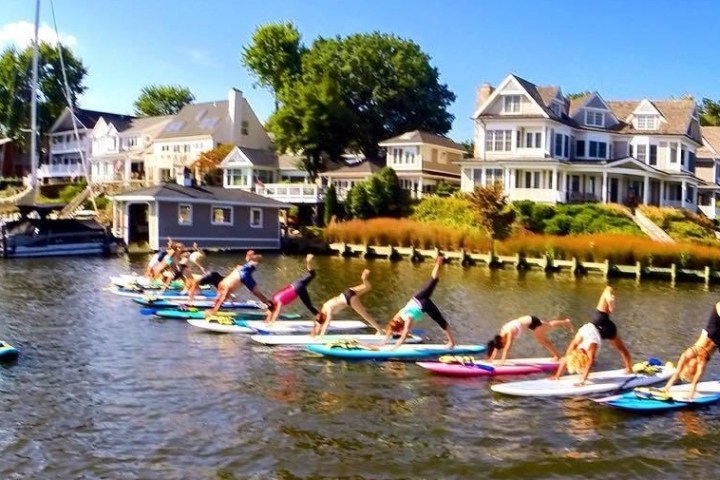 Group of girls doing fitness yoga