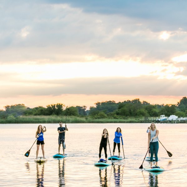 Group of people doing stand up paddle board tour