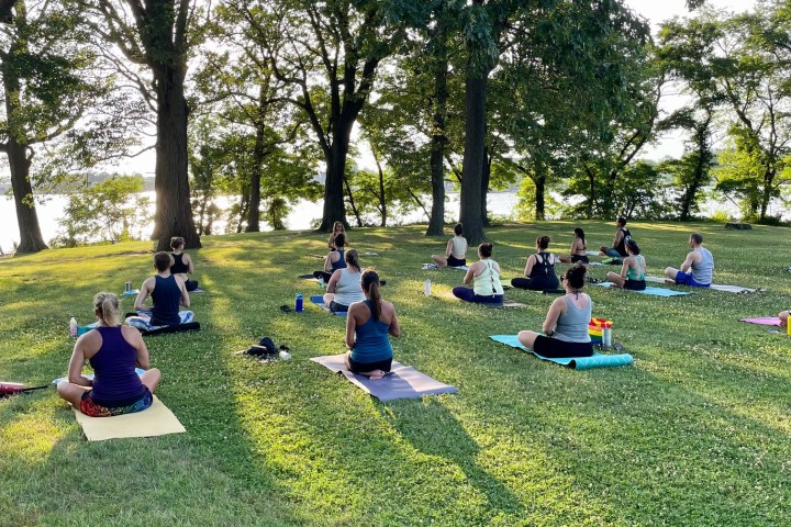 a group of people sitting at a park